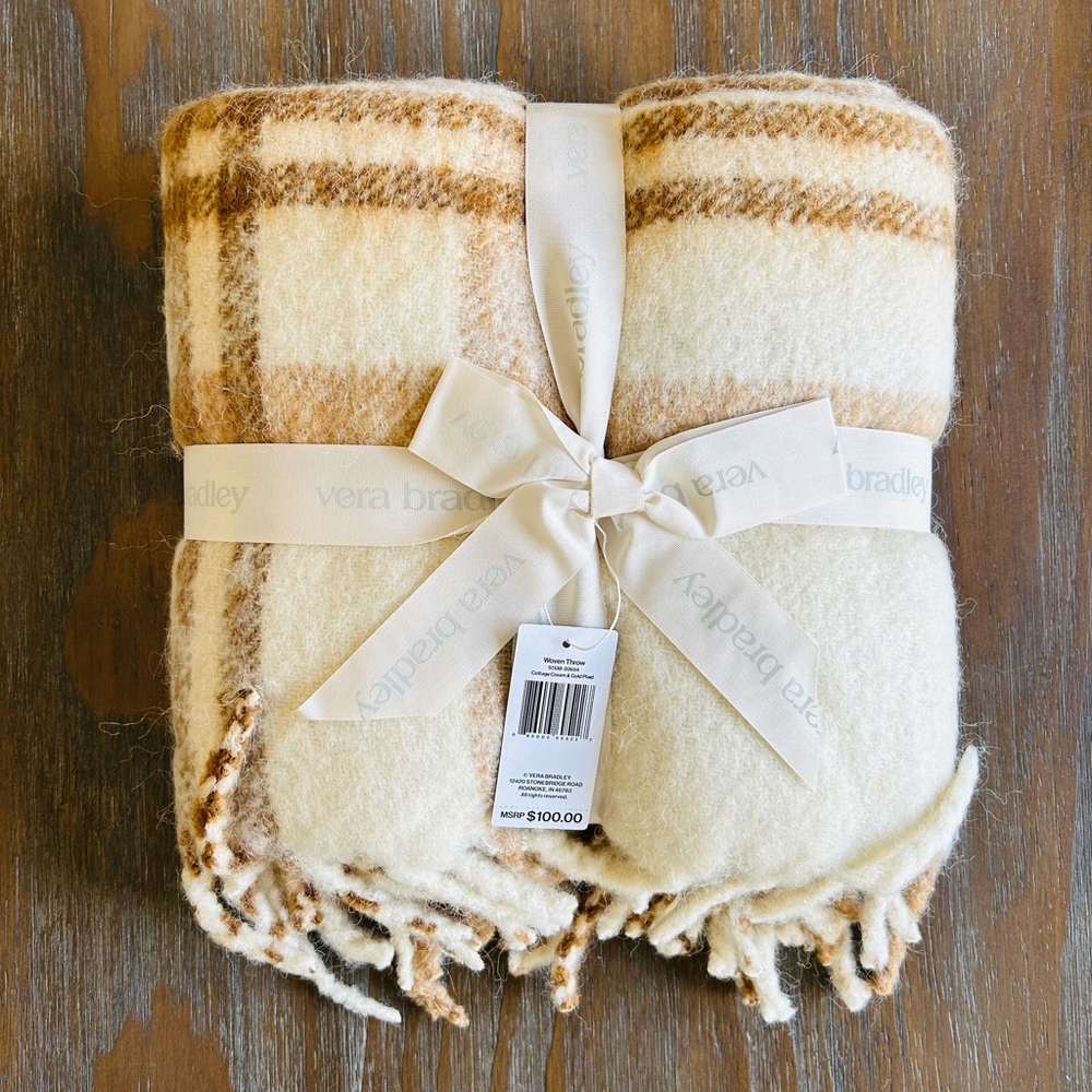 NWT Woven Wool Blend Throw Blanket Fringe Trim 50x70 Cream and Gold Plaid - Picture 4 of 7